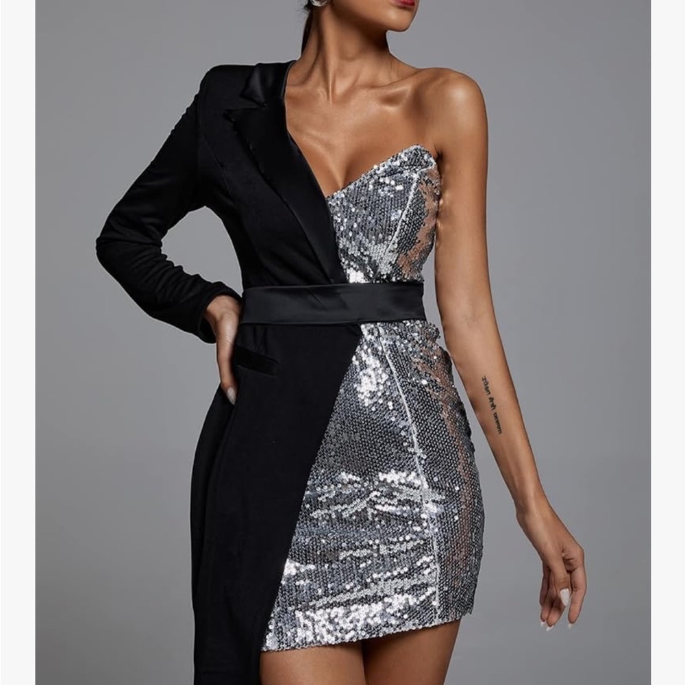 Glamorous One Shoulder Sequin Dress in Silver and Black